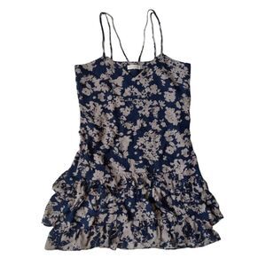 Ramy Brook Ashton Navy Blue and Tan Silk Ruffled Above Knee Dress Women's Small